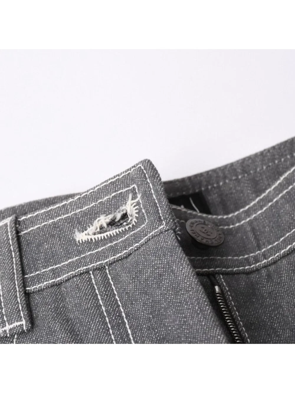 Chanel Flare Bell Denim Pants CC Logo Rhinestone Gray Bootcut White Stitch